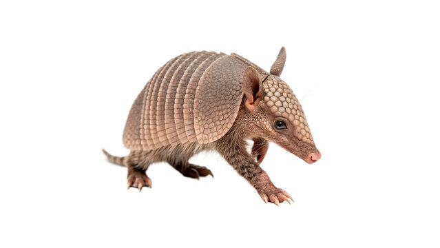 A unique wild brown armadillo mammal crawling showing its protective textured hard shell armor isolated on transparent background