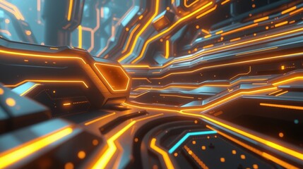 Fototapeta premium Futuristic tunnel, glowing orange lines, dark interior. Digital landscape, abstract geometry, vibrant colors, immersive view.