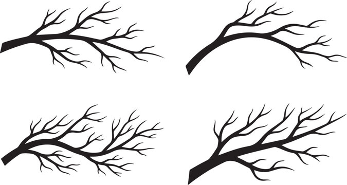 Collection of stylized bare tree branch silhouettes in vector format, featuring natural winter forms and dynamic shapes ideal for nature-themed designs