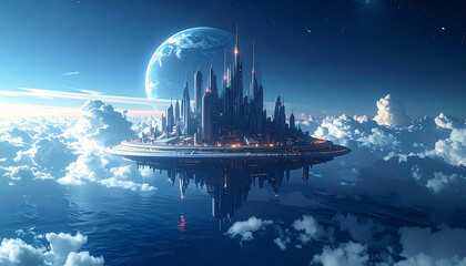 Floating cityscape above clouds