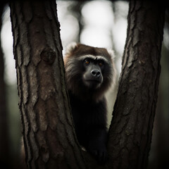 Fototapeta premium In the heart of a lush forest, a striking animal, badger or lemur, sits poised on a sturdy branch. Its curious gaze reflects the mystery of the woods as shadows dance around the trees Generative AI