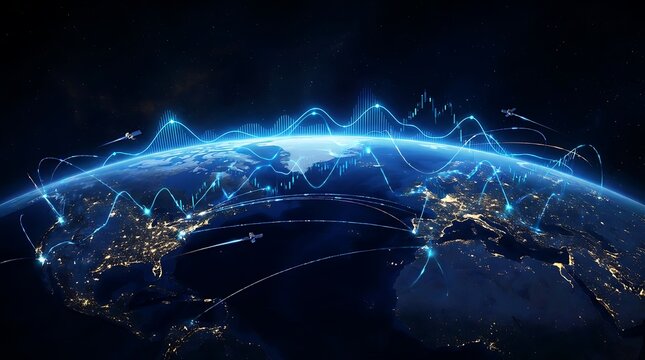 Digital representation of global data networks and financial market trends over planet Earth at night from space.