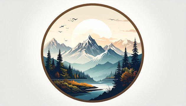 Mountain landscape scene in circular frame
