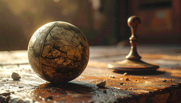 Old ball and vintage object on wood table