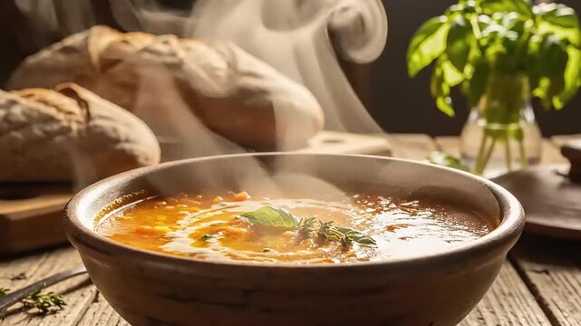 Delicious steaming soup in a rustic bowl with bread and basil leaves.