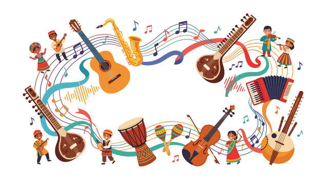 Colorful World Music Day vector frame border design featuring traditional acoustic instruments, wavy melody lines, and diverse tiny people celebrating global cultural harmony.