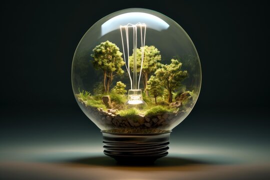 Light bulb enclosing a vibrant miniature forest with illuminated filament representing sustainability