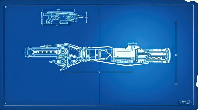 Detailed blueprint of a futuristic sci fi weapon design with measurements on a blue background