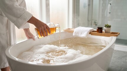 Fototapeta premium Woman pouring soothing bath oil into a luxurious tub for a relaxing self-care ritual
