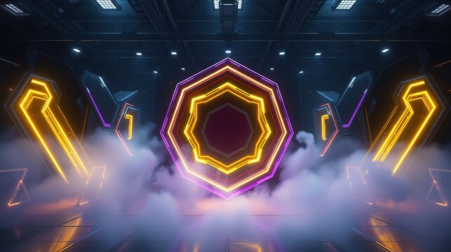Futuristic interior. Hexagonal portal glows with vibrant orange, purple neon. Smoke fills space, creating dramatic lighting effects. Dark metallic walls surround.