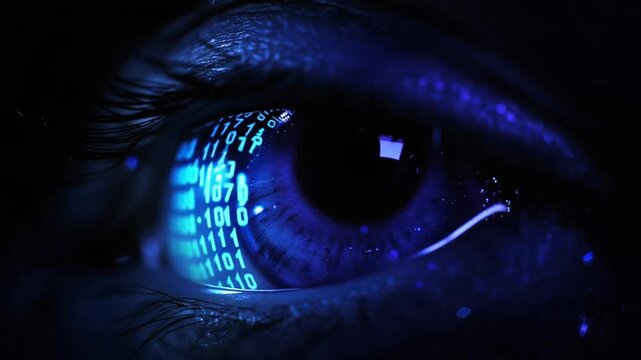 Close up of human eye with digital data binary code futuristic design