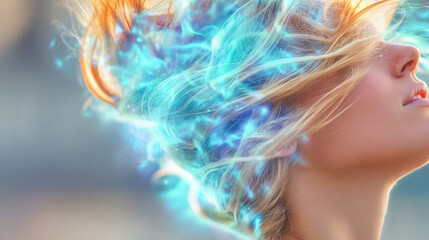 Naklejka premium Hair flowing in vibrant colors as the sun sets during a calm evening