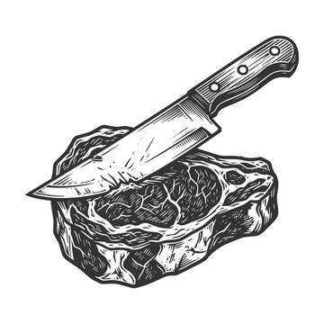 chef knife resting across a raw beef steak for butchery or cooking sketch engraving generative ai raster illustration. Scratch board imitation. Black and white image.