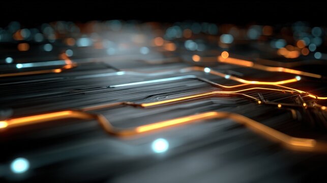 Futuristic AI board with layered copper foil and neon glowing traces abstract high-tech scene
