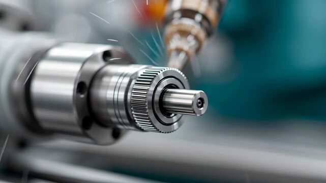 Close-up of precision machining process showing metal cutting tool engaging with rotating spindle, sparks flying in a workshop environment with machinery in the background