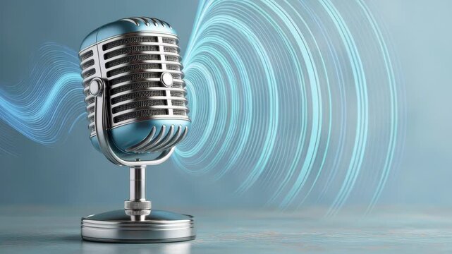 Vintage microphone with sound waves emanating from it, positioned on a reflective surface against a soft blue background, showcasing audio visual effects in a studio setting