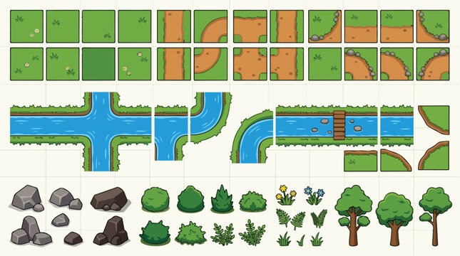 Top-down game map tileset, seamless nature environment assets with river and paths, 2D level design vector kit for mobile gaming
