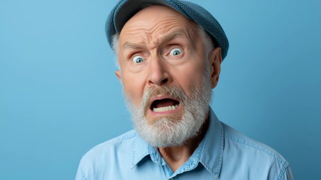 Elderly Caucasian man with gray beard and blue cap displays a range of shocked expressions against a solid blue background, showcasing visible emotions in three sequential frames