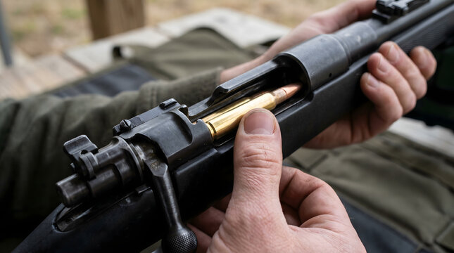 Close-up view of a person's hands loading a brass cartridge into the open chamber of a bolt-action rifle during a shooting session.
