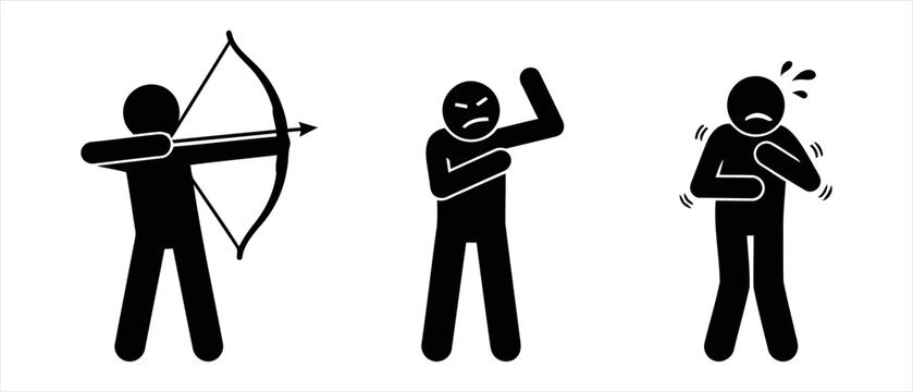 Illustrations of human stick figures engaging in archery, feeling arm discomfort, and experiencing cold shivers