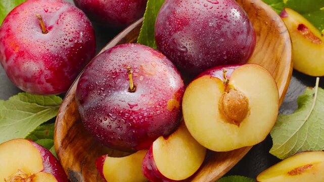 Group of fresh juicy red plums with one sliced in half showing pit