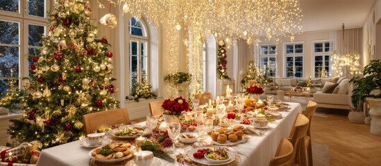 Fototapeta premium Festive Dining Table Decorated with Lights for Holiday Gathering