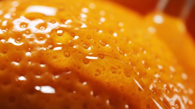 Extreme macro shot of a vibrant orange citrus peel showing detailed skin pores and textured surface with soft lighting and highlights on the organic fruit exterior.
