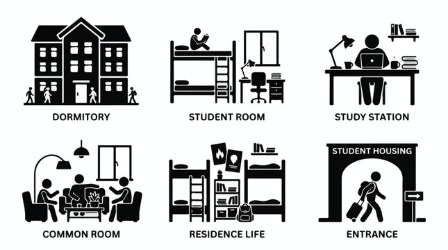 Black and white icons depicting various college dormitory settings and rooms