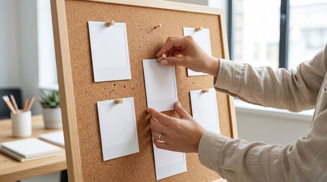 Hands pinning blank notes on a cork board, planning and organizing tasks in office