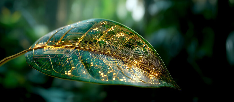 Macro shot of a futuristic cybernetic leaf with glowing gold circuitry, green technology and artificial photosynthesis concept