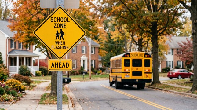 Yellow "SCHOOL ZONE" sign on road with school bus and houses, safety awareness design for traffic or community campaigns.