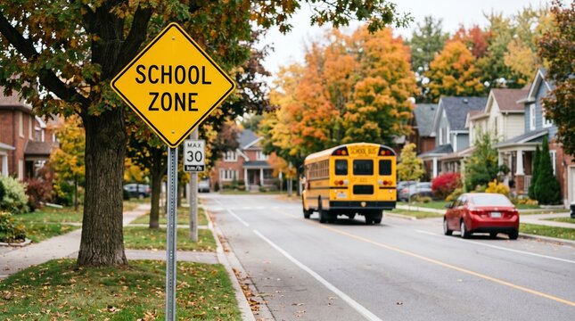 Yellow "SCHOOL ZONE" sign on road with school bus and houses, safety awareness design for traffic or community campaigns.