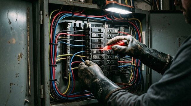 Electrician checking voltage in circuit breaker using indicator screwdriver with red indicator light.