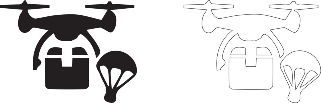 Autonomous delivery drone icon set carrying cardboard package with parachute for fast shipping and logistics.