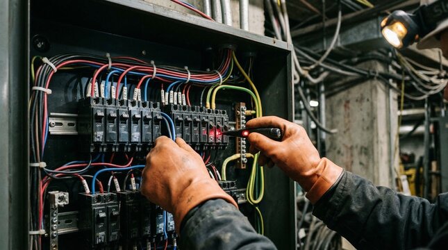 A professional electrician diagnoses the switchboard using an indicator device in protective gloves.