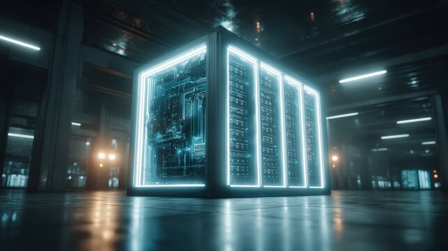 Futuristic AI supercomputer with exposed glowing liquid cooling system industrial aesthetic