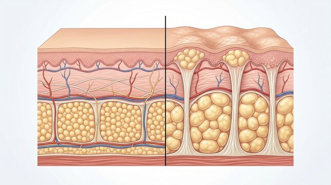 Comparative diagram of normal subcutaneous fat and changes in fat lobules during the formation of cellulite in the layers of the skin.