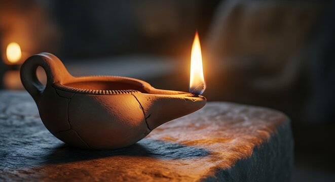 Ancient Oil Lamp Burning Brightly on Stone Surface.