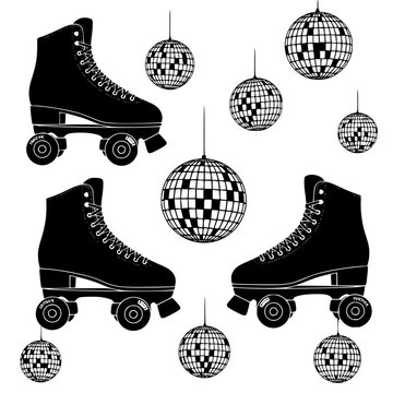 Retro Roller Skate and Disco Ball Silhouette Vector Illustration