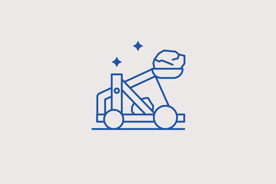 A siege catapult with stones line icon for ancient tactical warfare presentations and engineering history museum displays. Vector illustration for tower defense game mechanics and military strategy 
