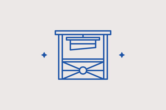 A executioner wooden guillotine line icon for history museum education programs and crime punishment timelines. Vector illustration for interactive historical quizzes and horror theme park maps.