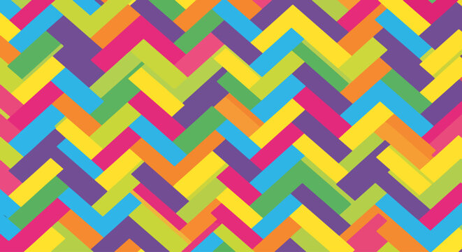 Abstract rainbow chevrons arranged vertically to create lively motion and decorative artistic harmony.