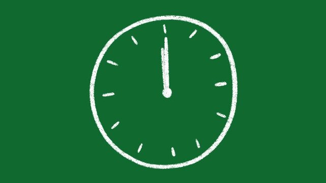 Hand Drawn Clock Showing 12 O Clock Animation on Green Screen Background