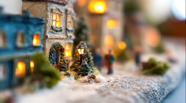 Miniature winter village with lights and figures during the holiday season