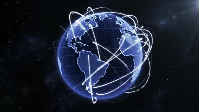 Deep indigo globe with glowing grid and light trails forming a global communication web, rotating in cosmic background, futuristic data flow concept