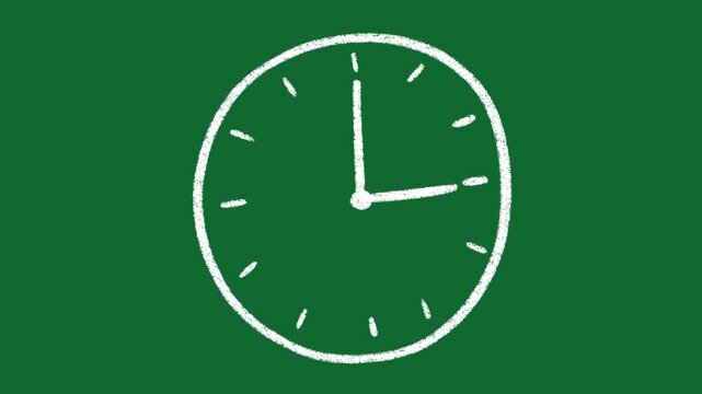 Hand Drawn Clock Showing 3 O Clock Animation on Green Screen Background