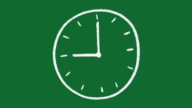 Hand Drawn Clock Showing 9 O Clock Animation on Green Screen Background