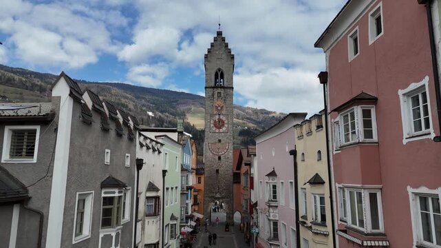 Vipiteno, South Tyrol &ndash; Cinematic Ascending Drone Flight Over Main Street and Town Tower