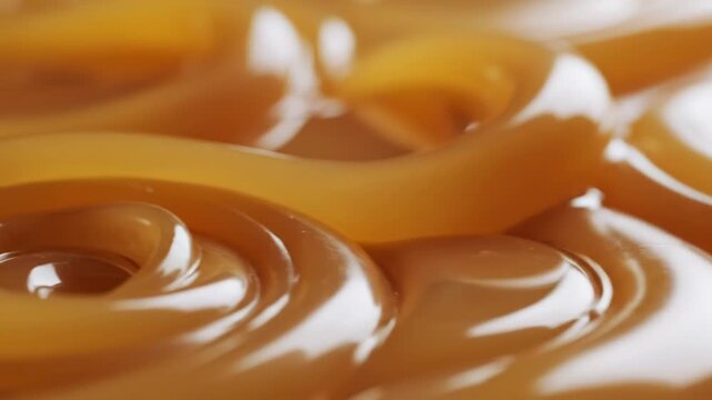 Macro close-up of a viscous golden liquid with smooth organic shapes and soft ripples, resembling melted beeswax or warm caramel sauce with a glossy surface and shallow depth of field.