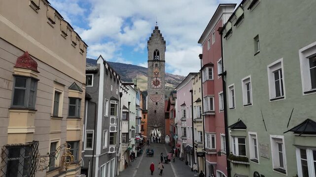 Cinematic Aerial Drone Forward Flight Through Vipiteno Town Main Street Tower South Tyrol
